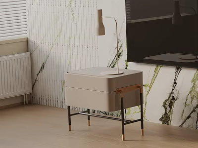 Modern Beige Nightstand with Drawer and Metal Legs Featuring Table Lamp Near Marble Pattern Wall 3d model