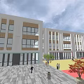 Modern School Building Exterior With White Facade Wooden Panels Large Glass Windows And Plaza Area
