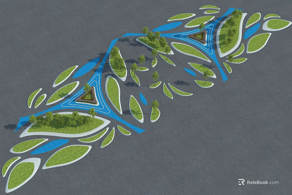 Irregular Shaped Tree Pits Landscape With Green Areas Trees And Blue Pathways 3d model