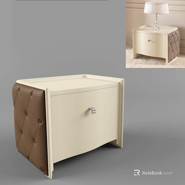 Modern Beige Bedside Table With Brown Tufted Side And Silver Handle Drawer 3d model 