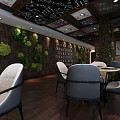 Modern Restaurant Interior With Wooden Flooring Tables Chairs Window Curtains And Decorative Ceiling