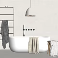 Minimalist Bathroom Interior With White Freestanding Bathtub Towel Rack Beige Towels And Pendant Light