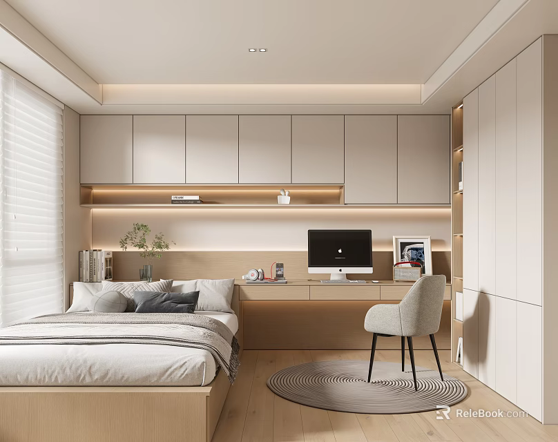 Modern Tatami Bedroom Interior Design With Writing Desk Ergonomic Chair And Built In Cabinets 3d model 