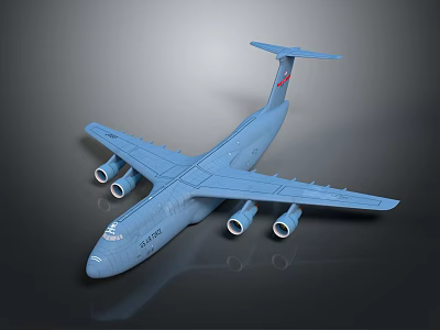 Blue Military Transport Airplane with Four Engines Long Wings Red Tail on Dark Reflective Background 3d model