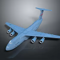Blue Military Transport Airplane with Four Engines Long Wings Red Tail on Dark Reflective Background