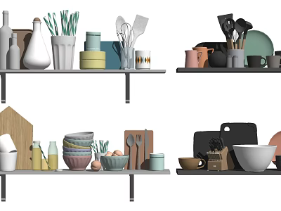 Organized Kitchen Shelves Displaying Various Cooking Utensils Bowls Mugs Plates And Tools 3d model