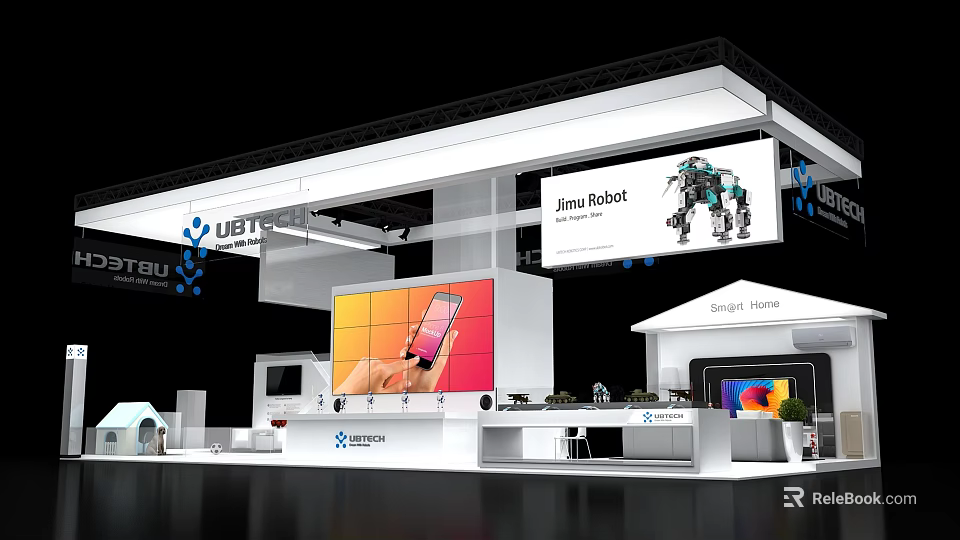 Modern Tech Exhibition Booth With Iron Robot Display And Smartphone On Large Screen 3d model 
