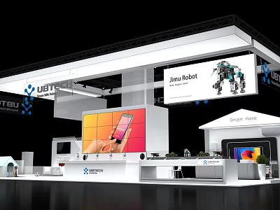 Modern Tech Exhibition Booth With Iron Robot Display And Smartphone On Large Screen 3d model