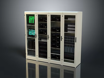 White Server Cabinet Furniture With Glass Doors And Internal Equipment Racks 3d model