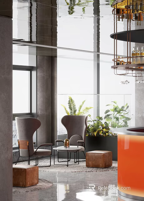 Luxury Modern Interior With Grey Armchairs Round Table Green Plants Large Windows And Wine Rack Chandelier 3d model 