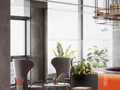 Luxury Modern Interior With Grey Armchairs Round Table Green Plants Large Windows And Wine Rack Chandelier 3d model