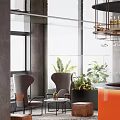 Luxury Modern Interior With Grey Armchairs Round Table Green Plants Large Windows And Wine Rack Chandelier