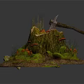Natural Tree Stump With Orange Mushrooms Green Moss And Fallen Leaves