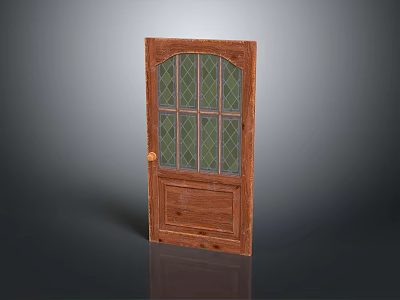Vintage Wooden Door With Arched Stained Glass Panels And Classic Wooden Frame 3d model