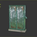 Vintage Computer Cabinet With Green Double Doors Rusted Surface And Stone Base