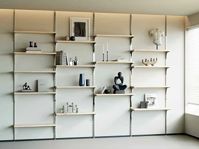 Modern Wall Mounted Light Wood Shelves with Decorative Frames Sculptures Vases and Books 3d model