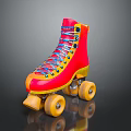Vibrant Red Orange Roller Skates With Blue Red Laces And Yellow Wheels