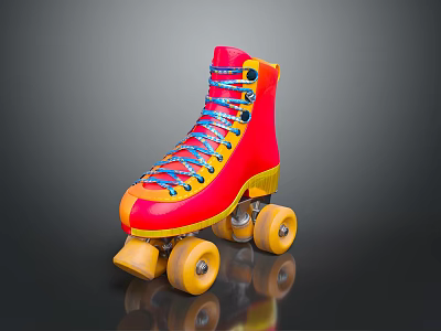 Vibrant Red Orange Roller Skates With Blue Red Laces And Yellow Wheels 3d model
