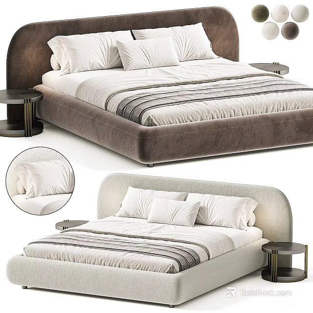 Modern Upholstered Double Bed With Stripped Linen White Pillows And Side Tables 3d model 