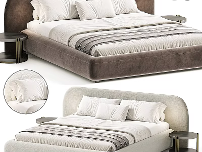 Modern Upholstered Double Bed With Stripped Linen White Pillows And Side Tables 3d model