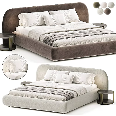 Modern Upholstered Double Bed With Stripped Linen White Pillows And Side Tables 3d model