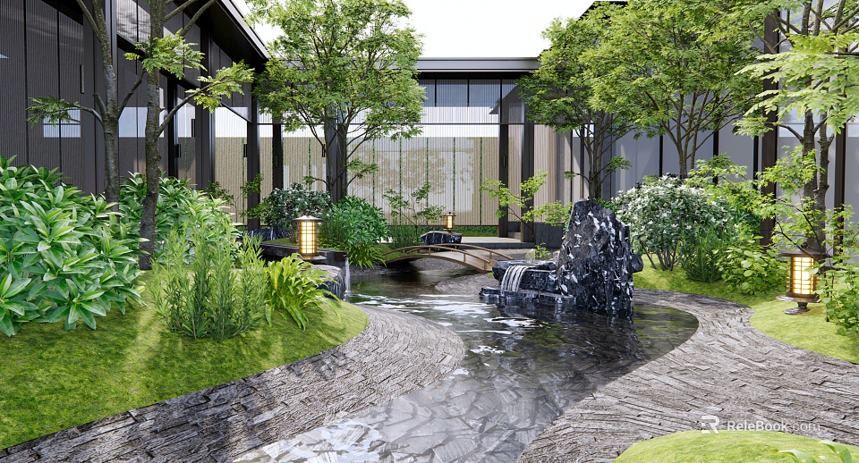 Courtyard Garden Design Featuring Stream Stone Bridge Lush Green Plants Trees Lanterns and Rock 3d model 