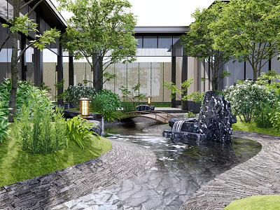 Courtyard Garden Design Featuring Stream Stone Bridge Lush Green Plants Trees Lanterns and Rock 3d model