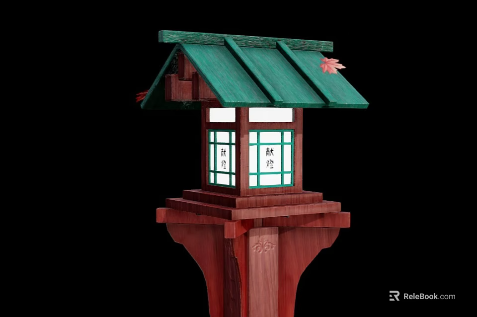 Traditional Japanese Wooden Lantern With Green Roof Red Maple Leaf And Windows 3d model 
