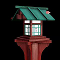 Traditional Japanese Wooden Lantern With Green Roof Red Maple Leaf And Windows