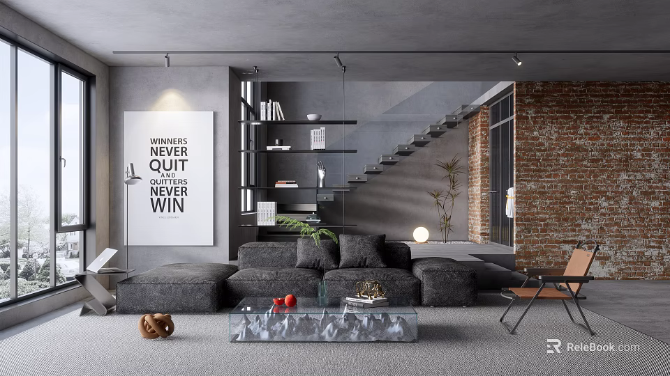 Modern Living Room Interior With Gray Sofa Glass Coffee Table Inspirational Poster And Brick Wall 3d model 