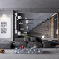 Modern Living Room Interior With Gray Sofa Glass Coffee Table Inspirational Poster And Brick Wall