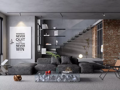 Modern Living Room Interior With Gray Sofa Glass Coffee Table Inspirational Poster And Brick Wall 3d model