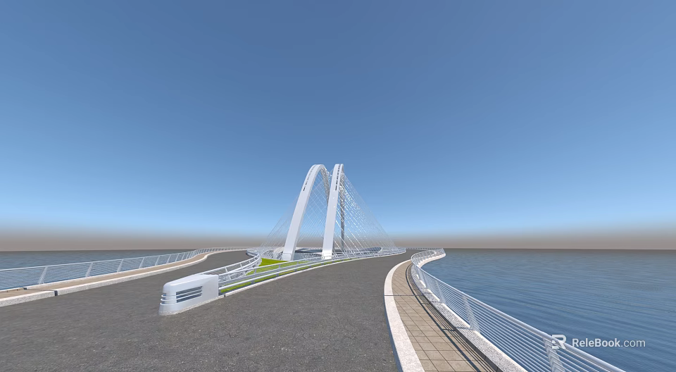 Modern Cable Stayed Bridge With Arch Structure Spanning Blue Water And Green Walkway 3d model 