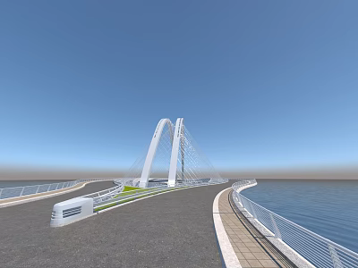 Modern Cable Stayed Bridge With Arch Structure Spanning Blue Water And Green Walkway 3d model