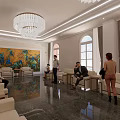 Spacious Bright Hotel Public Lounge With White Sofas Marble Flooring Chandeliers And Decorative Paintings