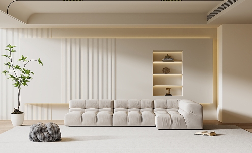 Quiet many people sofa cream sofa background wall 3d model