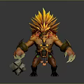 Mythical Game Character With Flame Spiked Hair Orange Red Skin Clawed Hands And Stone Hammer