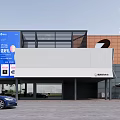 Exterior View Of Modern Building With Awnings Tables Chairs Green Plants Trees And Vehicles