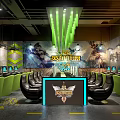 Stylish Internet Cafe Interior Featuring Green Seats Large Gaming Mural Computers And Industrial Ceiling 3d model