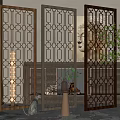 Modern Decorative Room Divider With Geometric Pattern Metal Frame And Indoor Plants 3d model