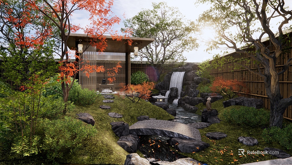 Japanese Courtyard Garden Featuring Waterfall Stone Pathway Red Maple Trees And Bamboo Fence 3d model 