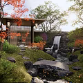 Japanese Courtyard Garden Featuring Waterfall Stone Pathway Red Maple Trees And Bamboo Fence