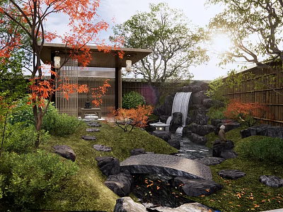 Japanese Courtyard Garden Featuring Waterfall Stone Pathway Red Maple Trees And Bamboo Fence 3d model