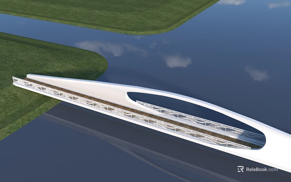 Modern White Streamlined Bridge Spanning Water With Green Grass Blue Sky And White Clouds 3d model 