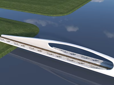 Modern White Streamlined Bridge Spanning Water With Green Grass Blue Sky And White Clouds 3d model