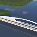 Modern White Streamlined Bridge Spanning Water With Green Grass Blue Sky And White Clouds