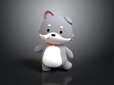 Cute Gray and White Cartoon Puppy 3D Model With Red Collar And Yellow Bell 3d model