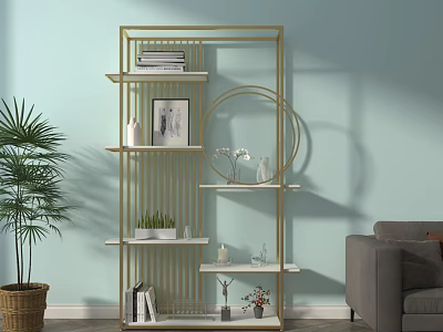 Golden Multi Tier Storage Shelf with Books Decorative Items in Living Room Light Blue Wall 3d model
