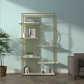 Golden Multi Tier Storage Shelf with Books Decorative Items in Living Room Light Blue Wall