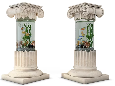 Classical Column Shaped Aquariums With Colorful Fish And Aquatic Plants For Interior Decor 3d model